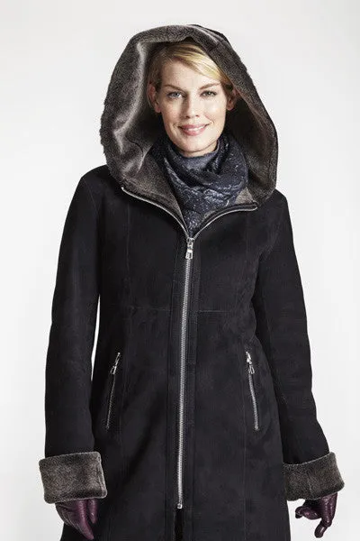 #5293HD Fitted Shearling Coat with Zip Front and Hood