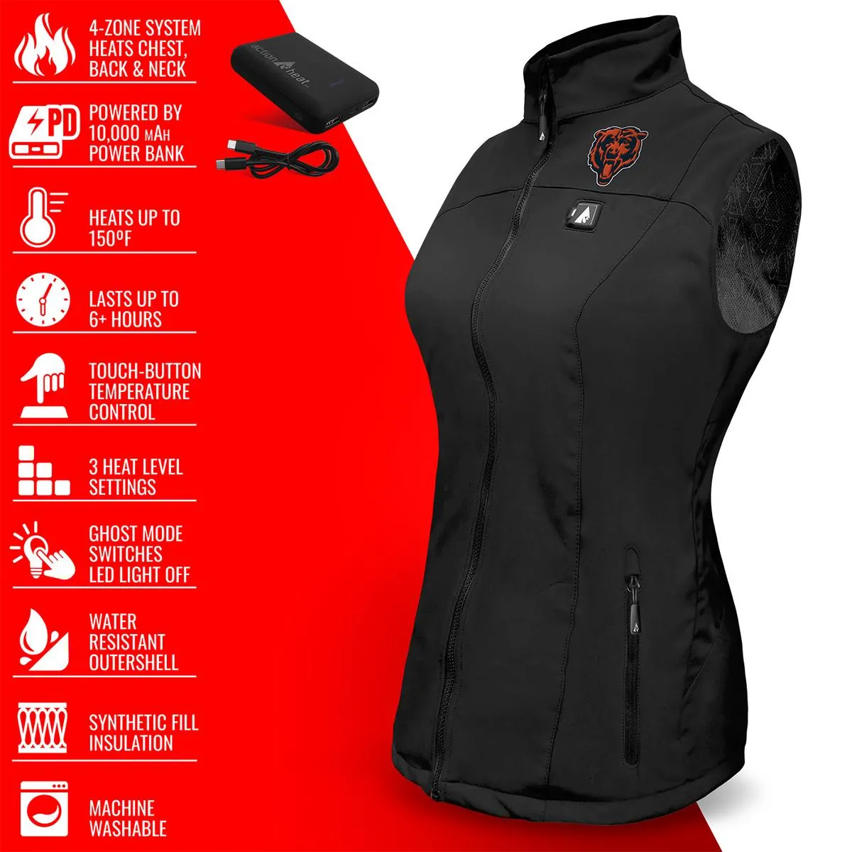 ActionHeat Chicago Bears 5V Women's Softshell Battery Heated Vest