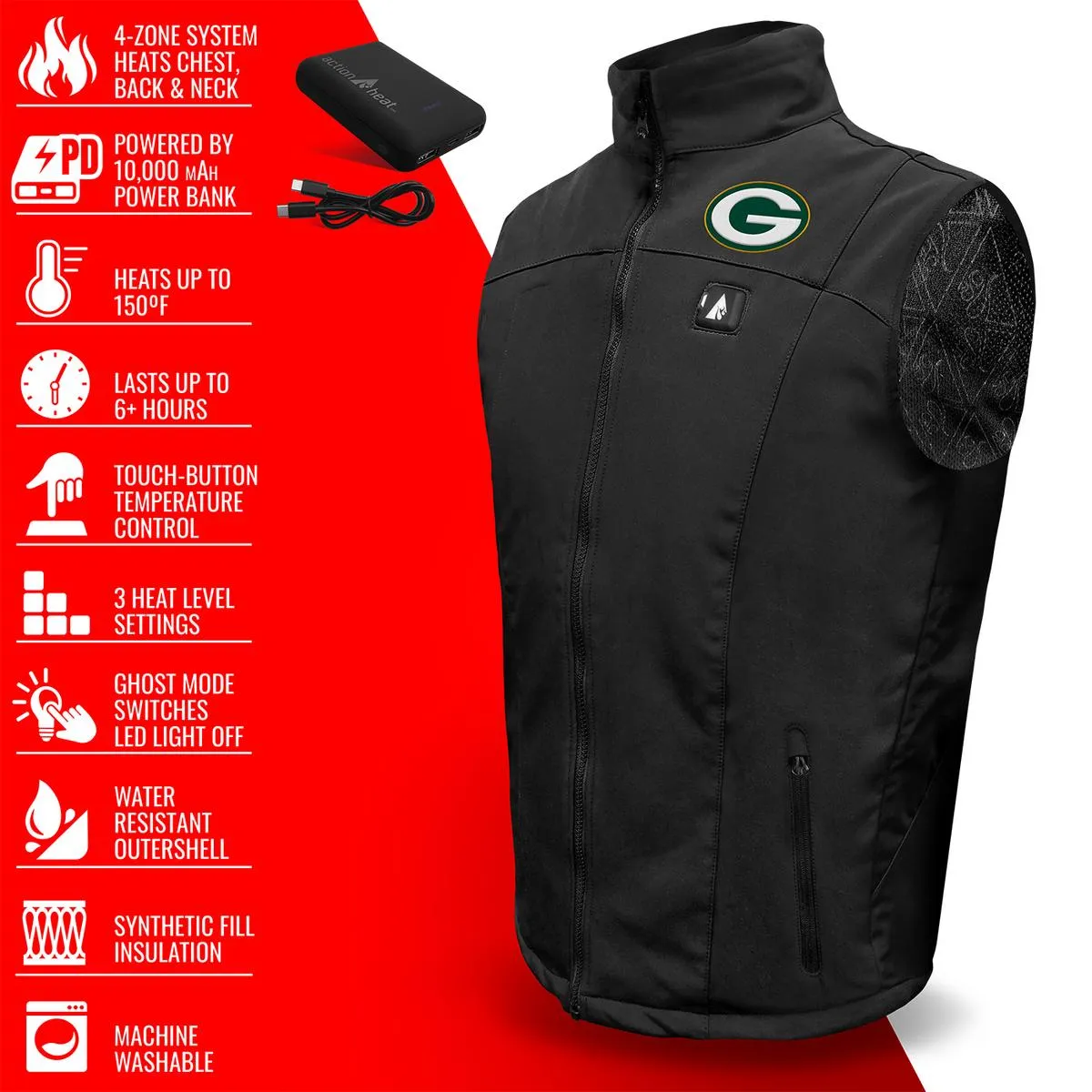 ActionHeat Green Bay Packers 5V Men's Softshell Battery Heated Vest