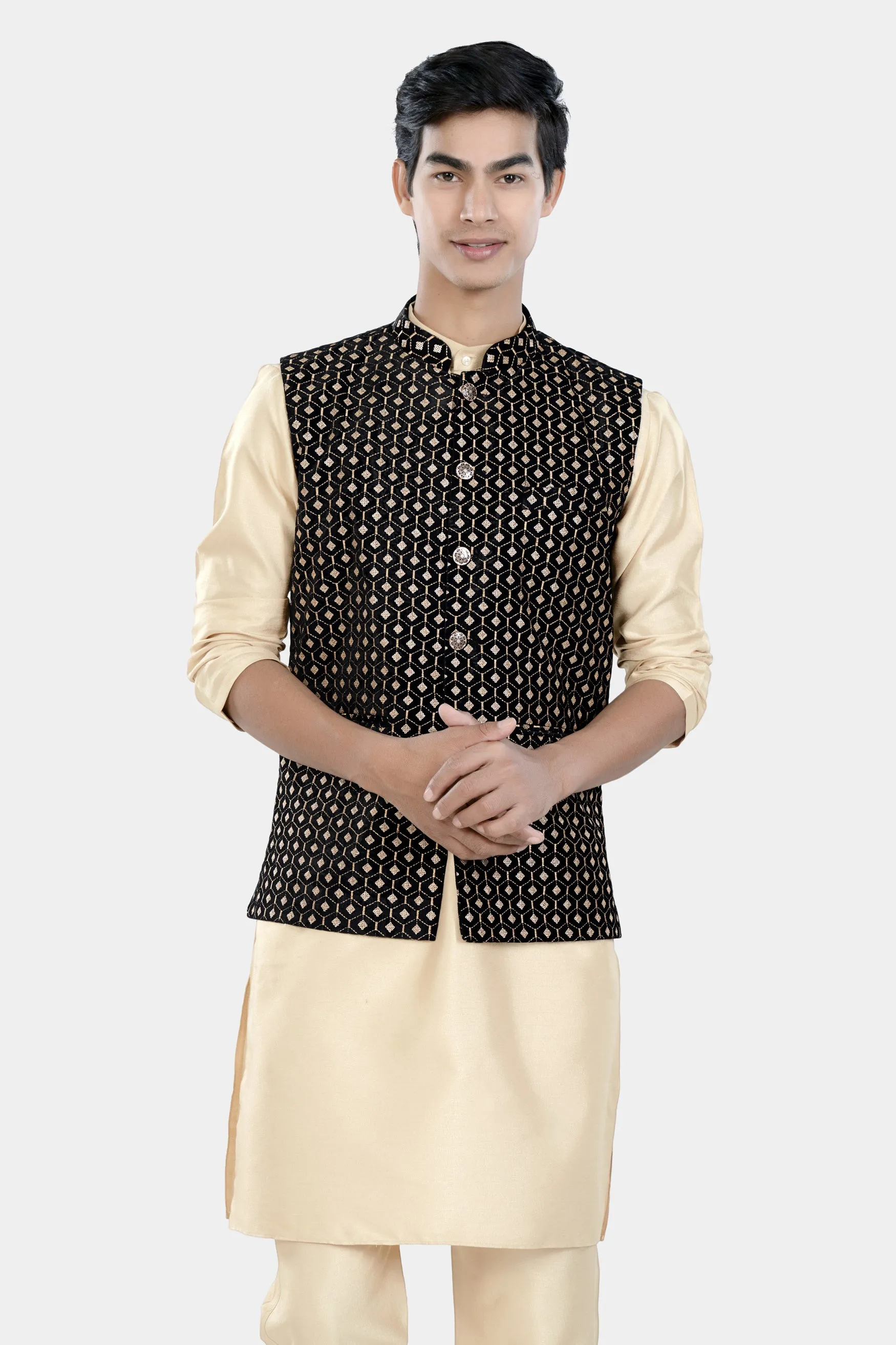 Almond Brown Kurta Set with Jade Black and Fawn Brown Hexagon Thread and Sequin Embroidered Designer Nehru Jacket