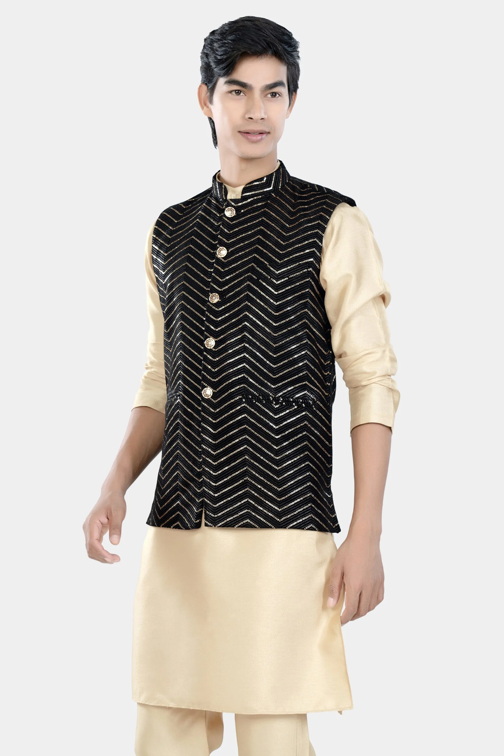 Almond Brown Kurta Set with Jade Black Chevron Thread and Sequin Embroidered Designer Nehru Jacket