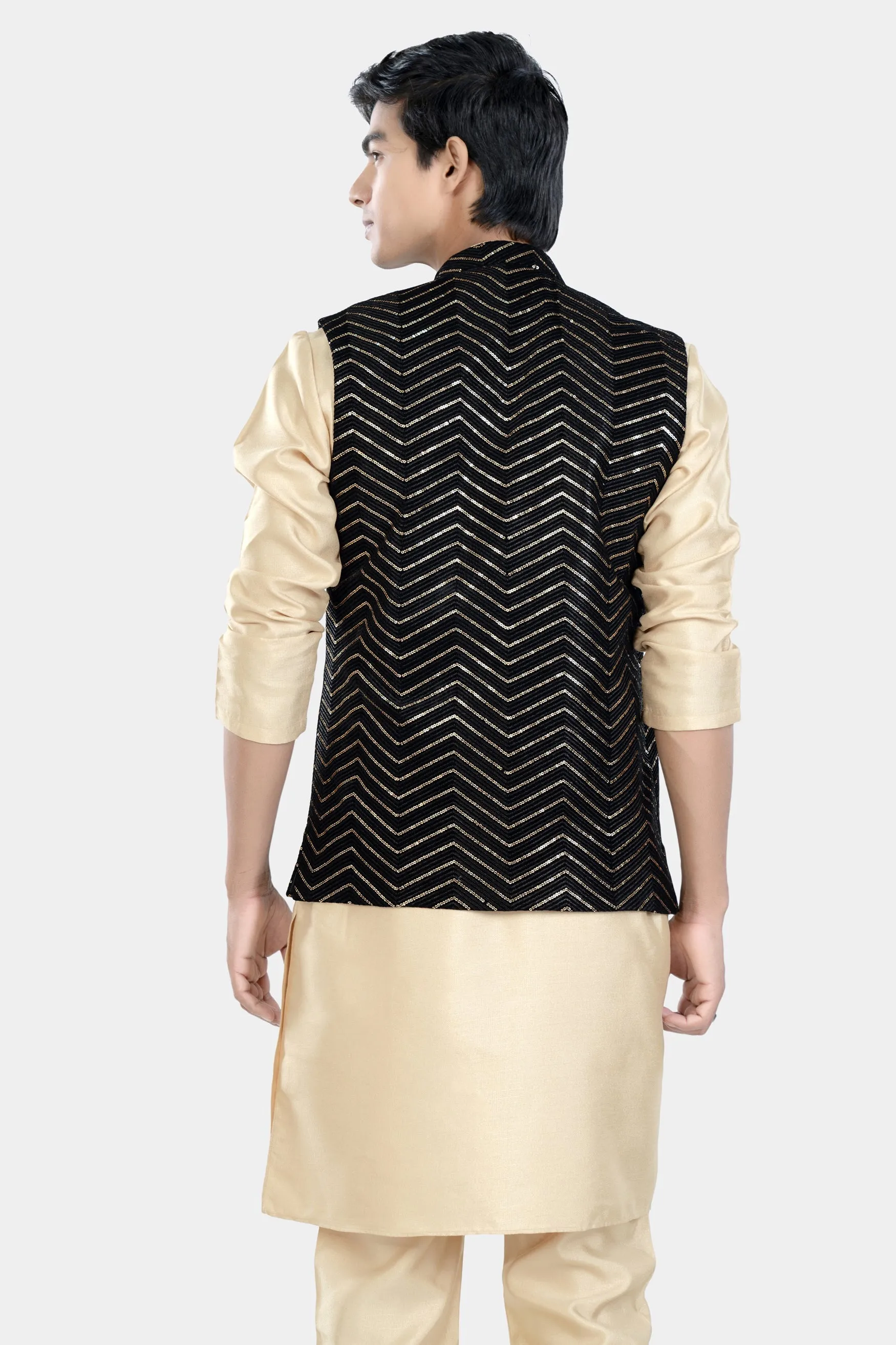 Almond Brown Kurta Set with Jade Black Chevron Thread and Sequin Embroidered Designer Nehru Jacket