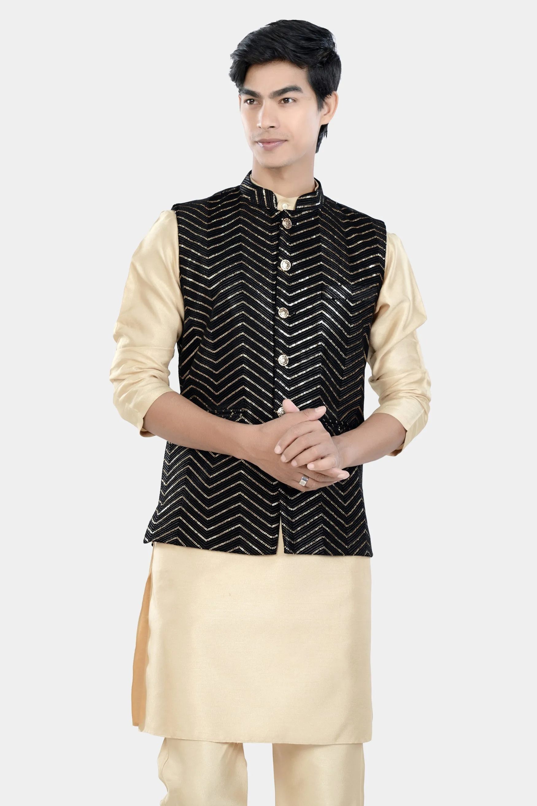 Almond Brown Kurta Set with Jade Black Chevron Thread and Sequin Embroidered Designer Nehru Jacket