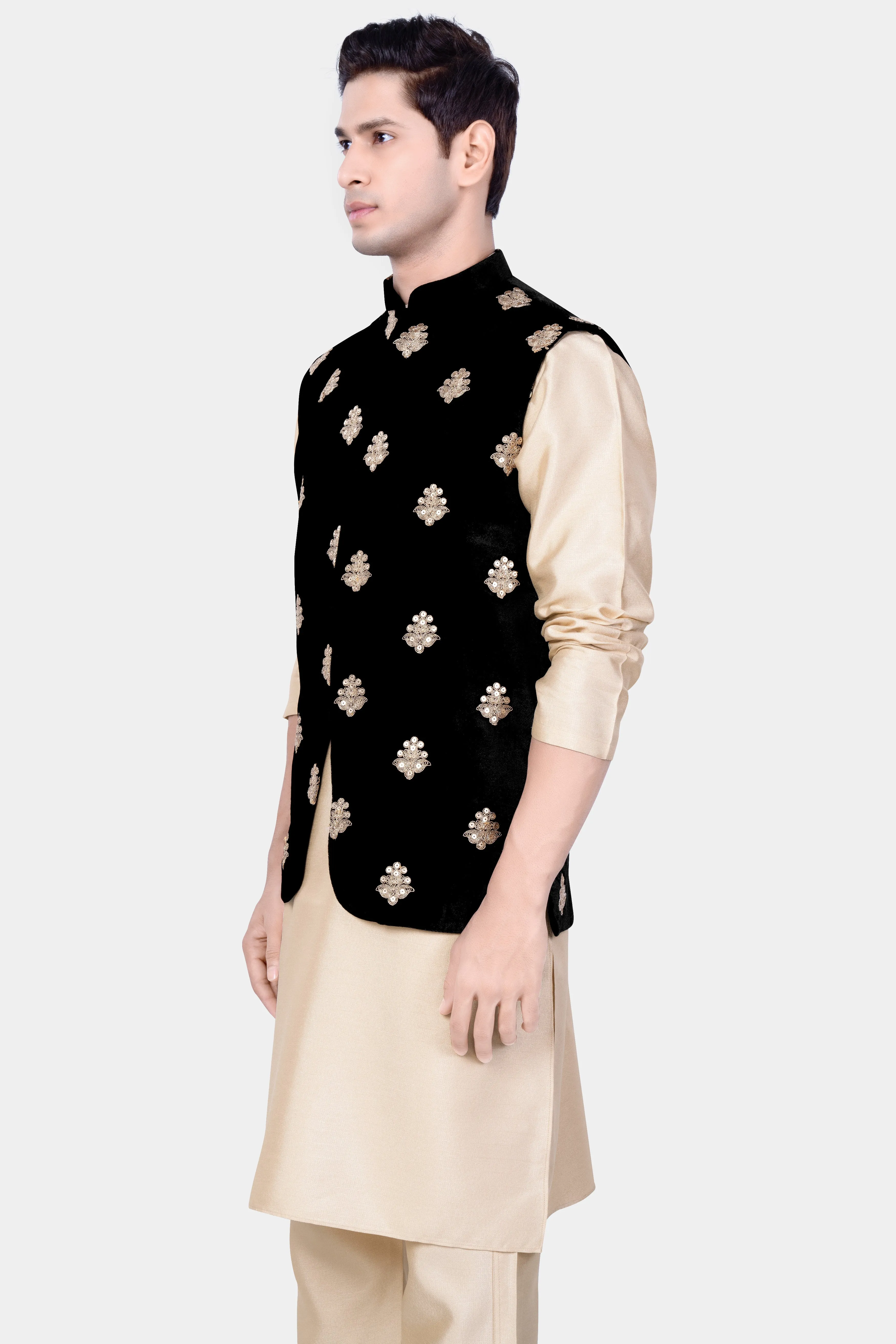 Almond Brown Kurta Set With Jade Black Designer Velvet Sequin And Thread Embroidered Nehru Jacket