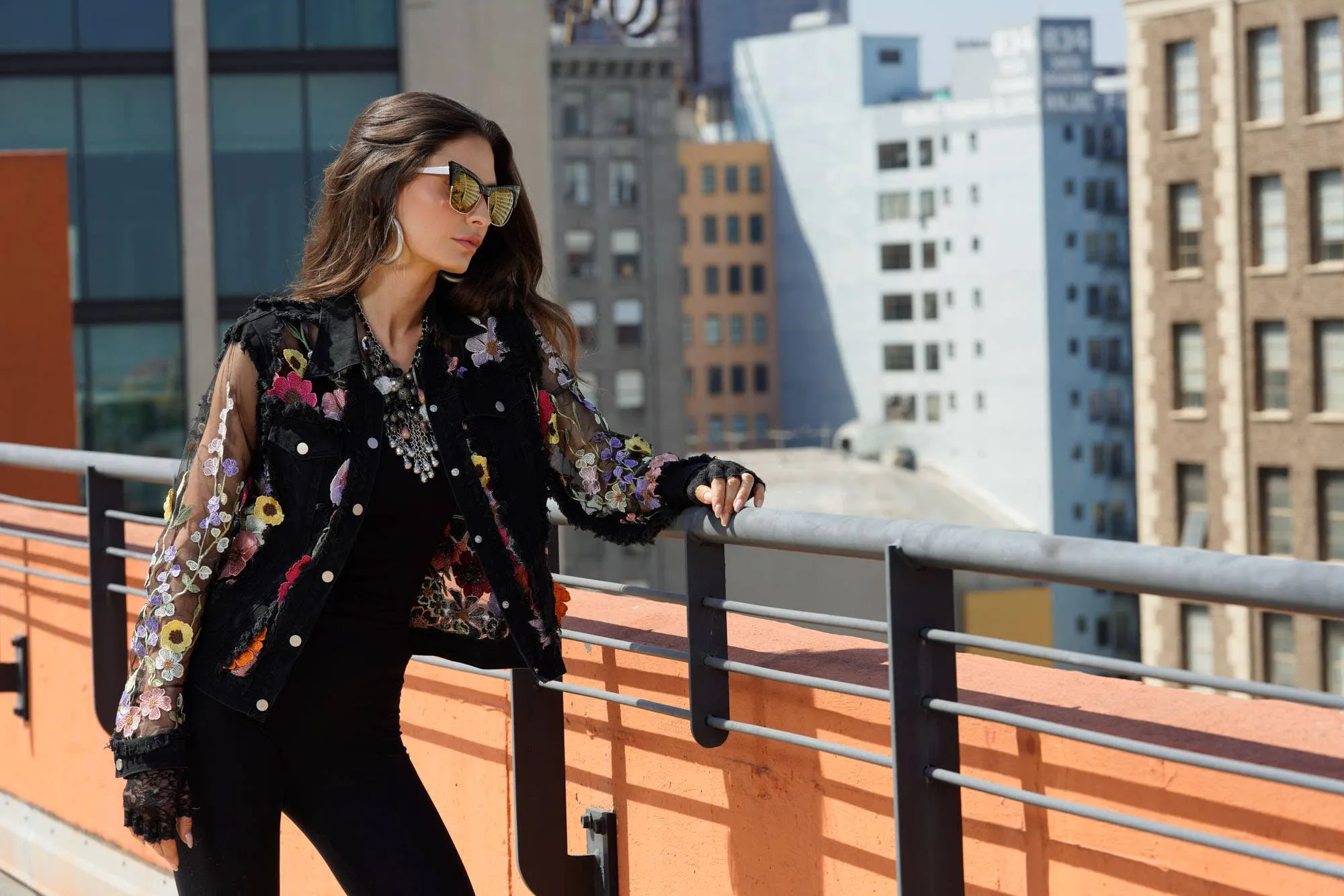 Black Denim Lace Jacket with Floral Embroidery