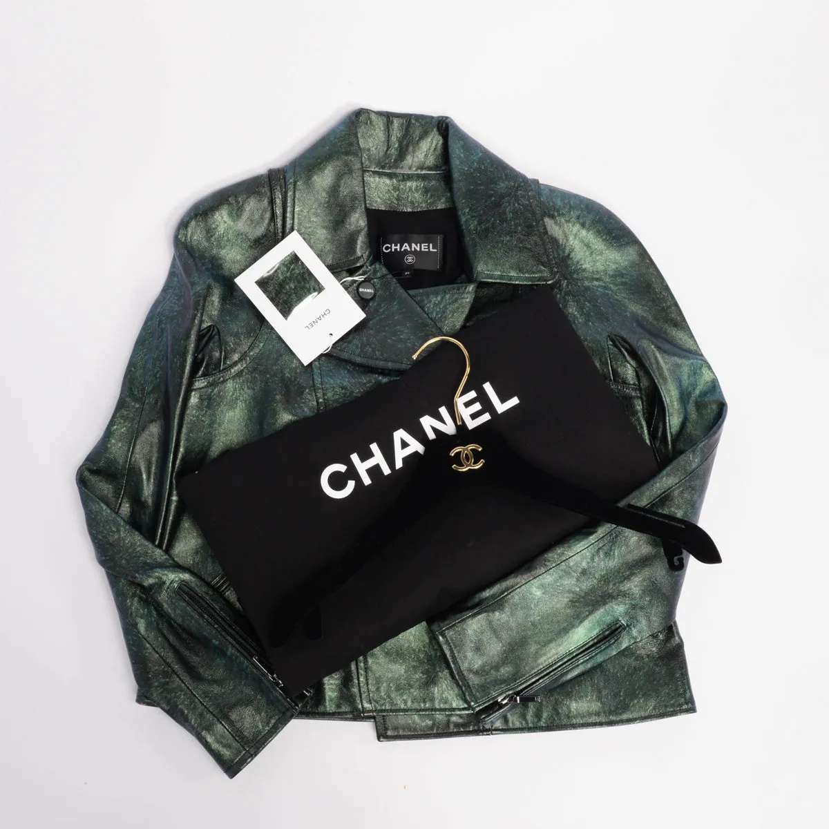 Chanel Green Iridescent Lambskin Biker Jacket FR 34