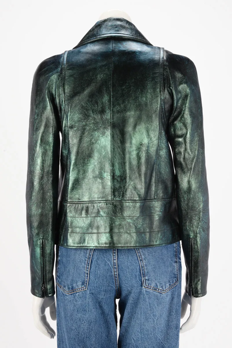 Chanel Green Iridescent Lambskin Biker Jacket FR 34