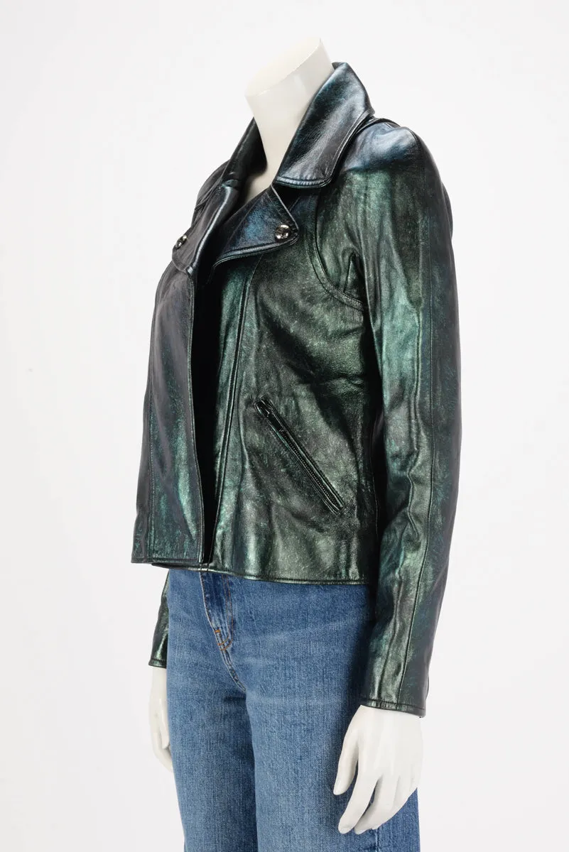 Chanel Green Iridescent Lambskin Biker Jacket FR 34