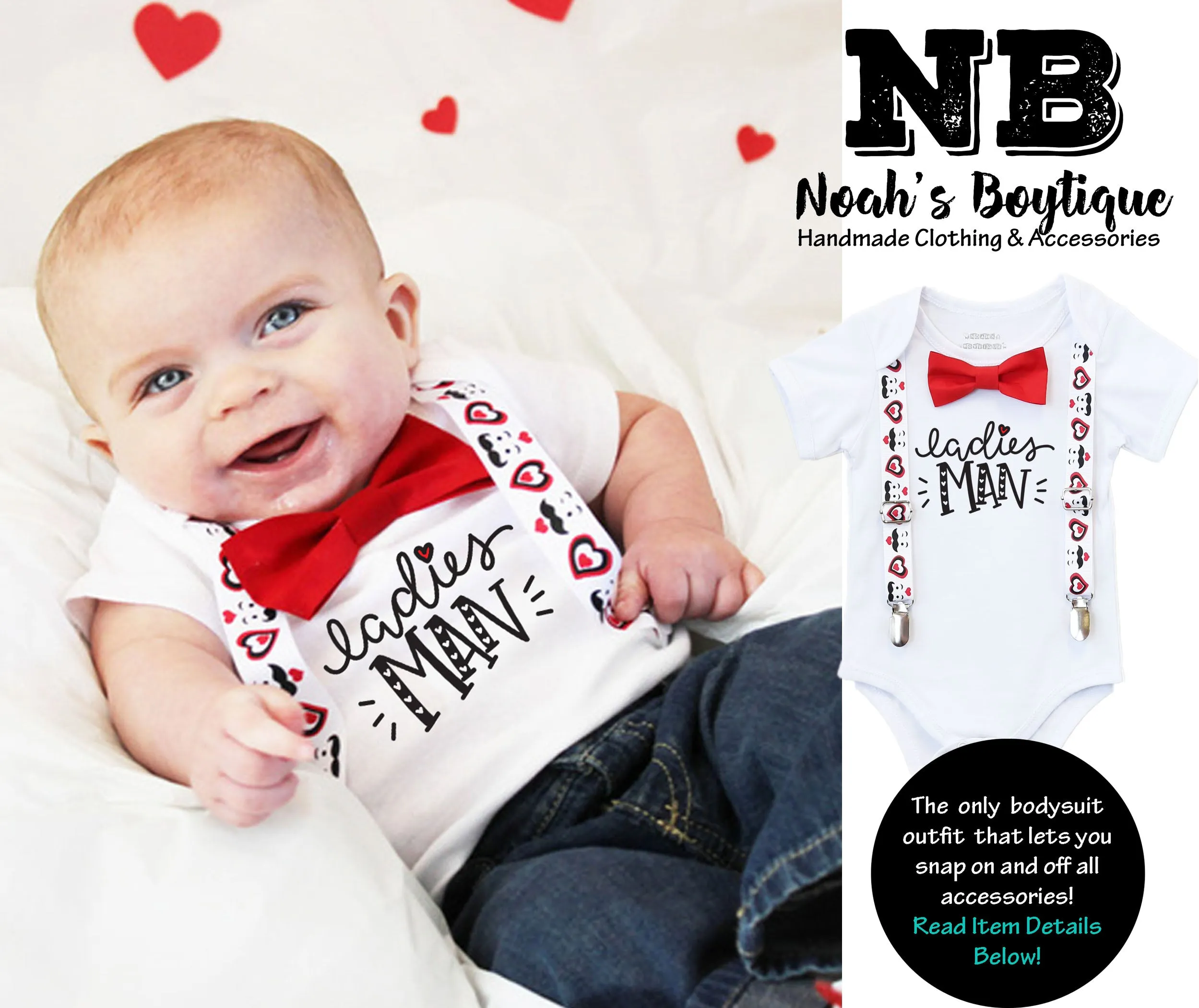 Cute Baby Boy Valentines Day Outfit with Mustache Heart Suspenders