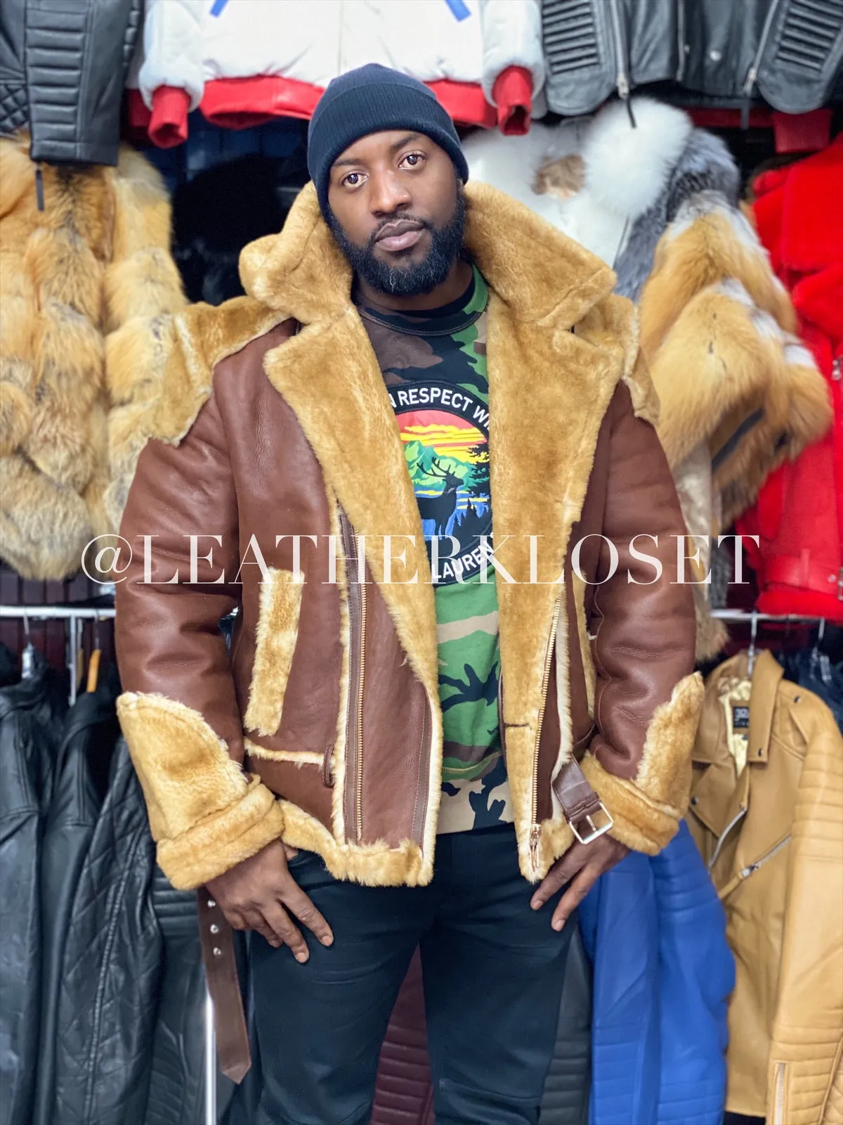 Mens Andre Shearling Biker Classic With Hood [Cognac]