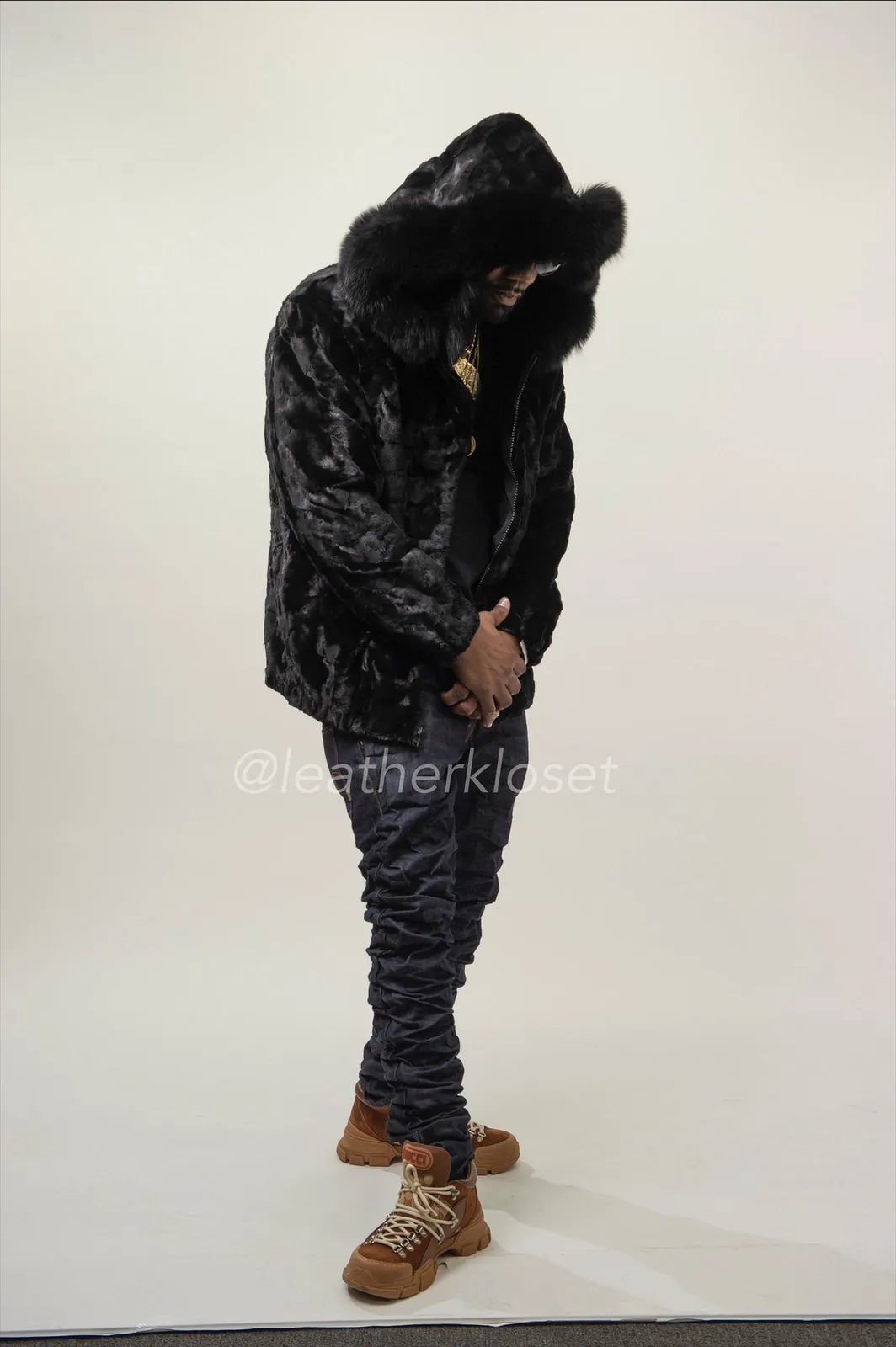 Men's Mink Bomber Jacket With Hood [Black]