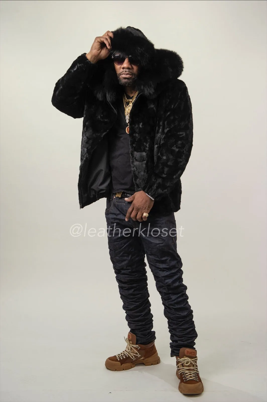 Men's Mink Bomber Jacket With Hood [Black]