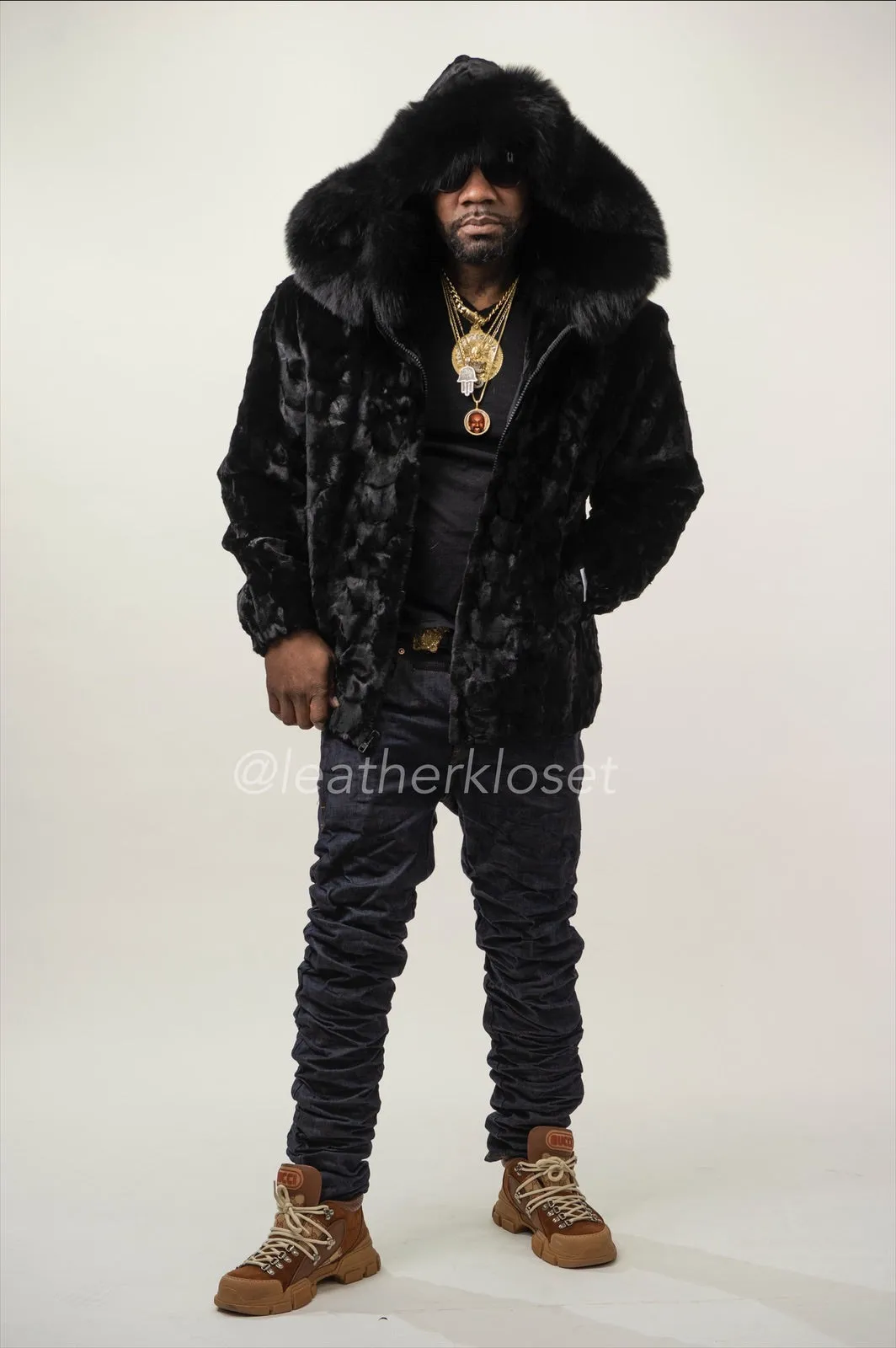 Men's Mink Bomber Jacket With Hood [Black]