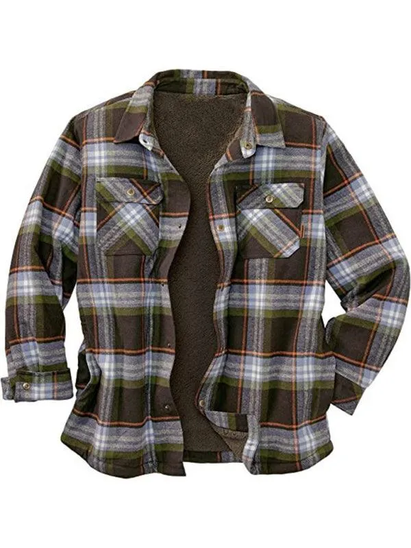 Men’s Plaid Pattern With Buttoned Breast Pocket Faux Sherpa-lined Flannel Shirt Jacket