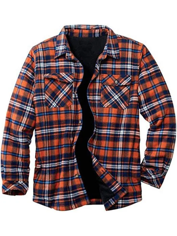 Men’s Plaid Pattern With Buttoned Breast Pocket Faux Sherpa-lined Flannel Shirt Jacket