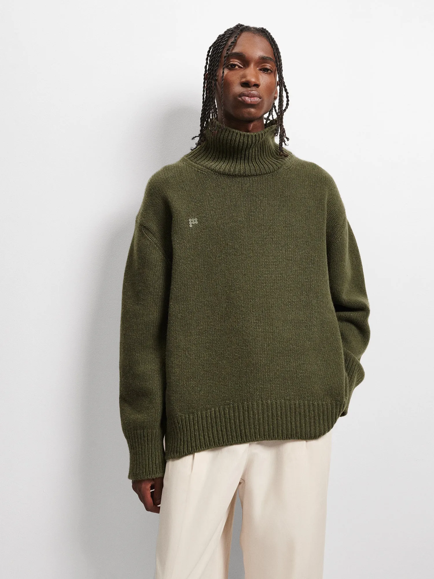 Men's Recycled Cashmere Turtleneck Sweater—rosemary green