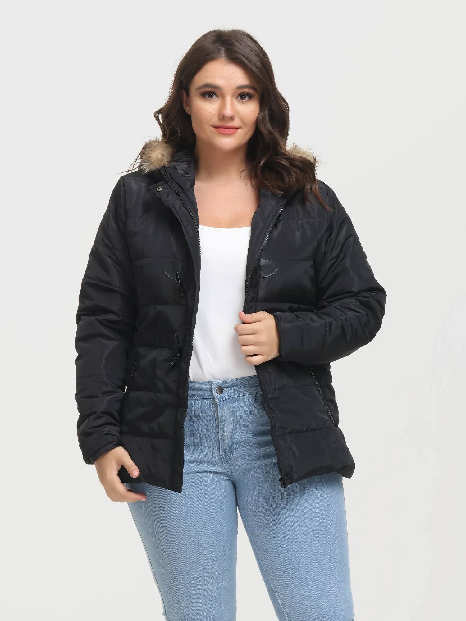 Midsize Horn Button Down Jacket Hooded with Pockets