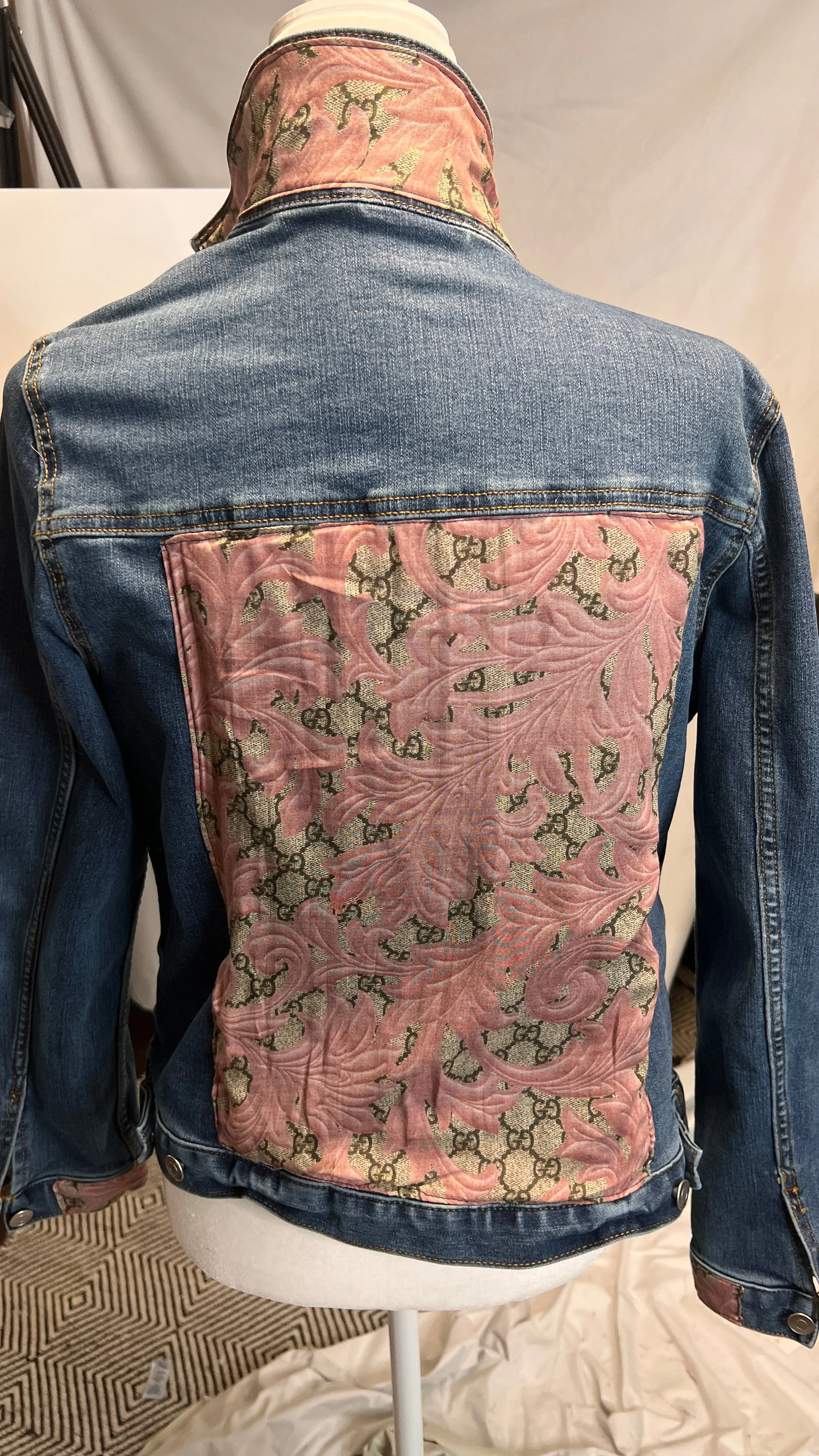 Pink and Tan Monogram Scarf on Denim Jacket