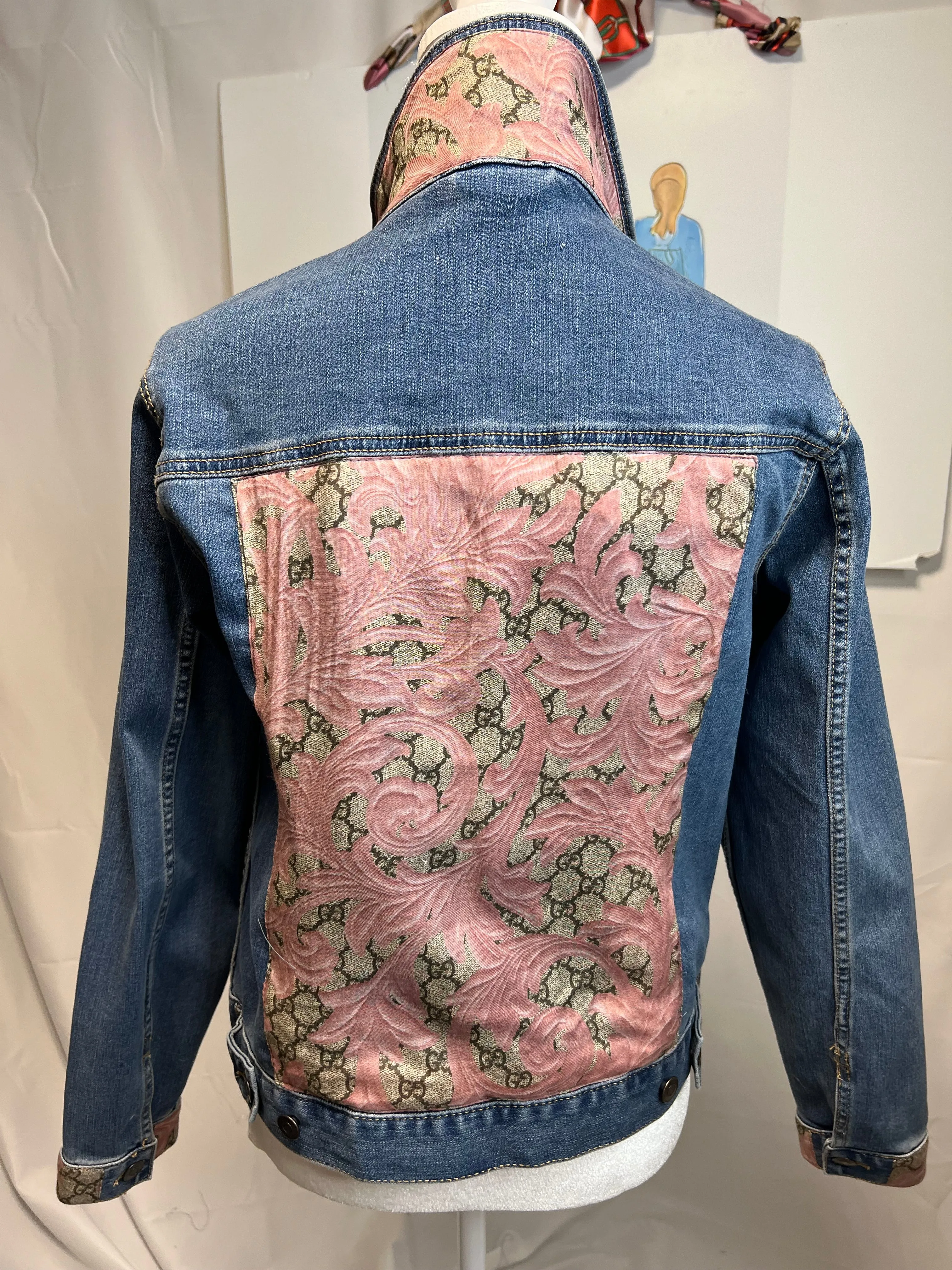 Pink and Tan Monogram Scarf on Denim Jacket