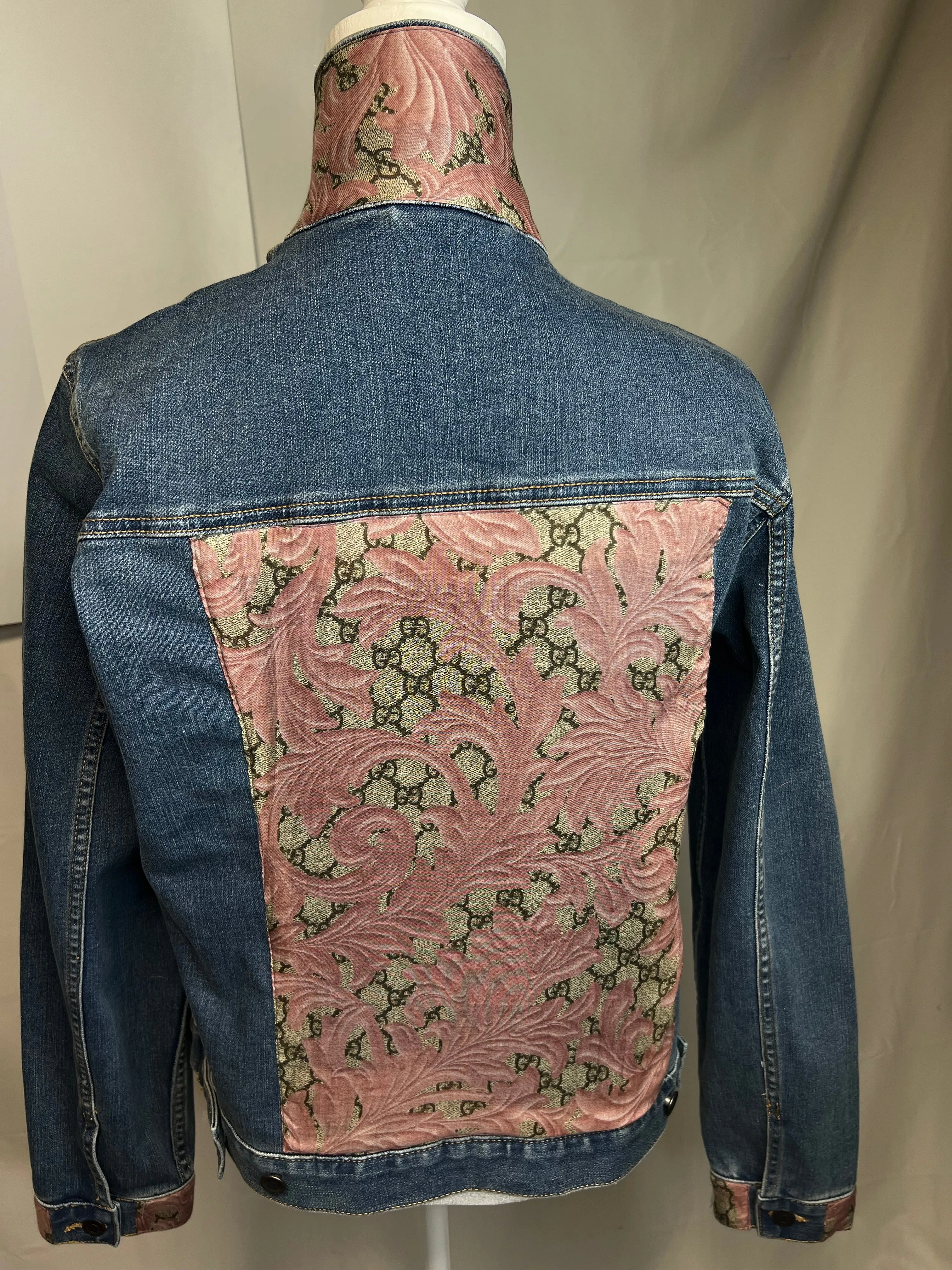 Pink and Tan Monogram Scarf on Denim Jacket