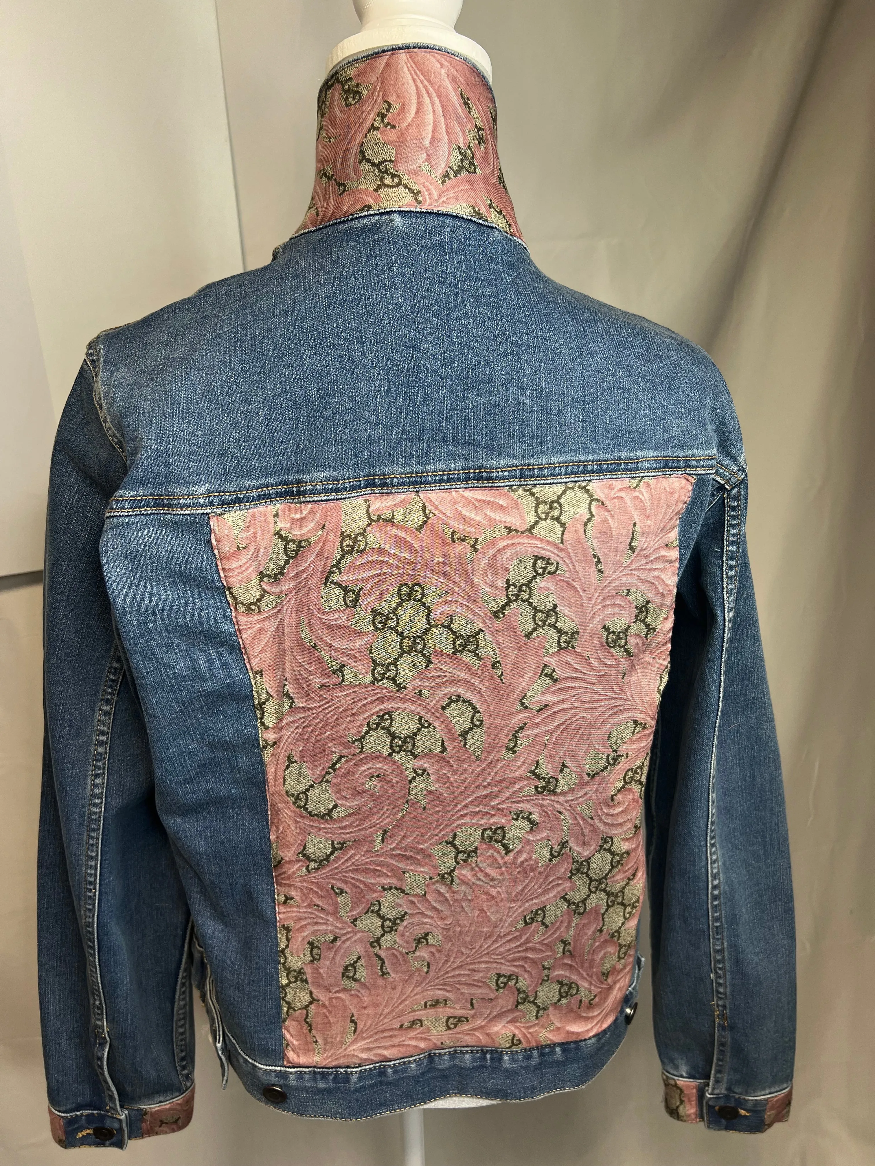 Pink and Tan Monogram Scarf on Denim Jacket