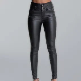 Women’s Black Faux Leather Exposed Button High Rise Fitted Trousers