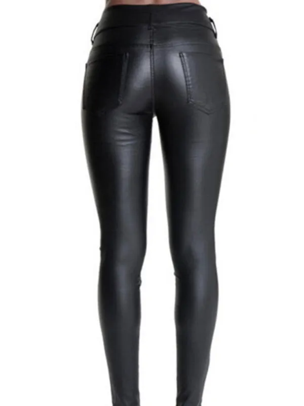 Women’s Black Faux Leather Exposed Button High Rise Fitted Trousers