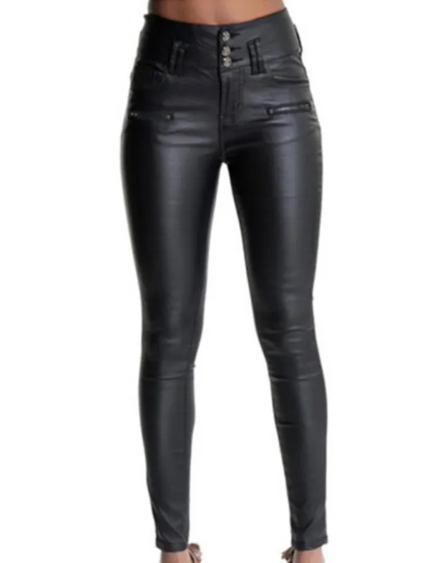 Women’s Black Faux Leather Exposed Button High Rise Fitted Trousers