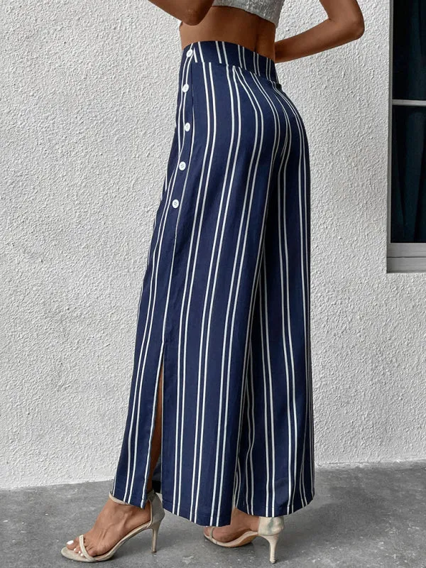 Women's Blue And White Stripe Wide Leg Trousers With Side Splits