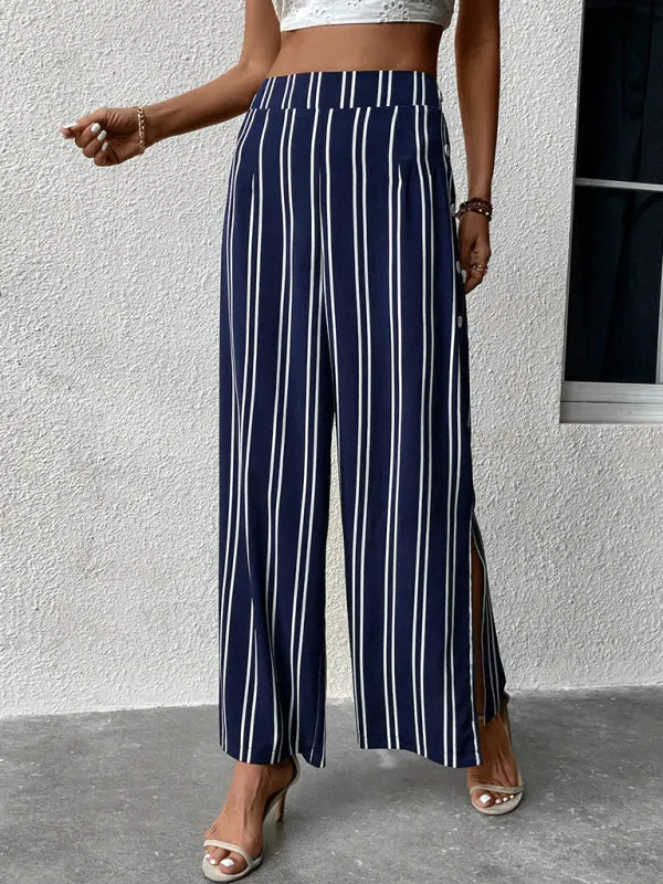 Women's Blue And White Stripe Wide Leg Trousers With Side Splits