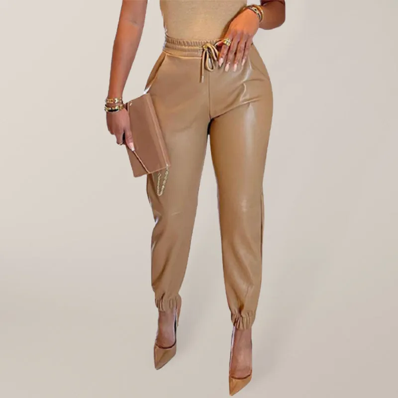 Women's Faux Leather Drawstring Cuffed Trousers