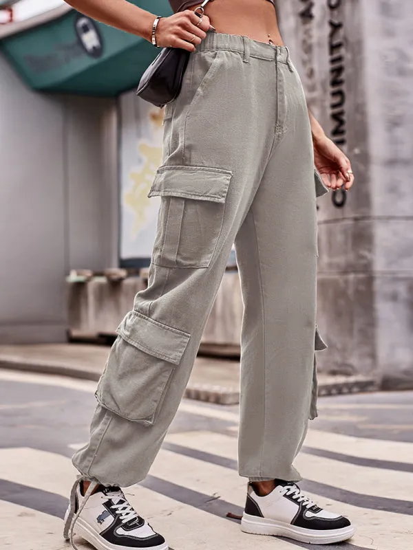 Women's Loose Fit Bottom Drawstring Cargo Trousers With Pockets