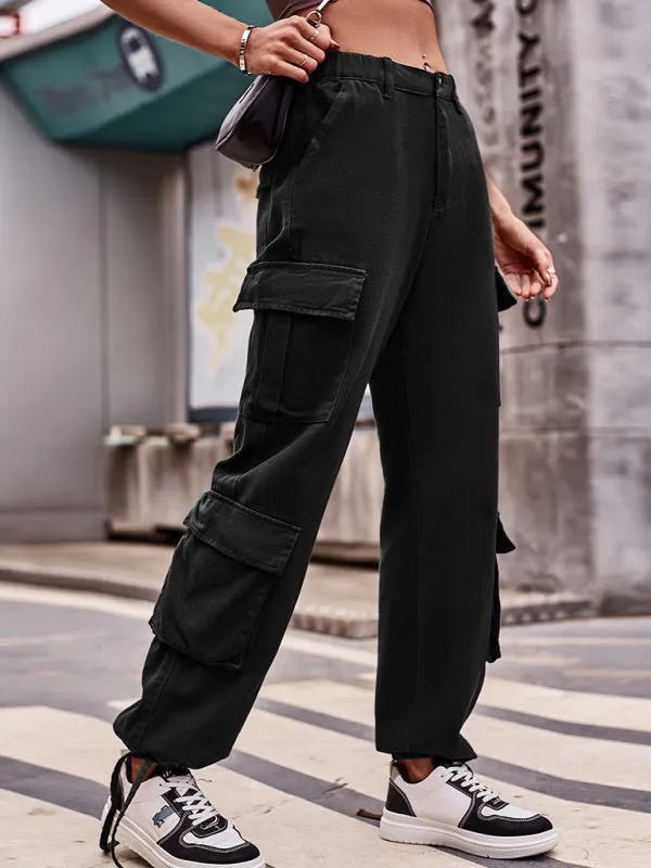 Women's Loose Fit Bottom Drawstring Cargo Trousers With Pockets