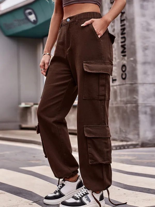 Women's Loose Fit Bottom Drawstring Cargo Trousers With Pockets