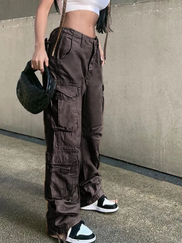 Women's Loose Fit Wide Leg Cargo Trousers With Multiple Pockets