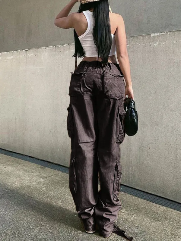 Women's Loose Fit Wide Leg Cargo Trousers With Multiple Pockets